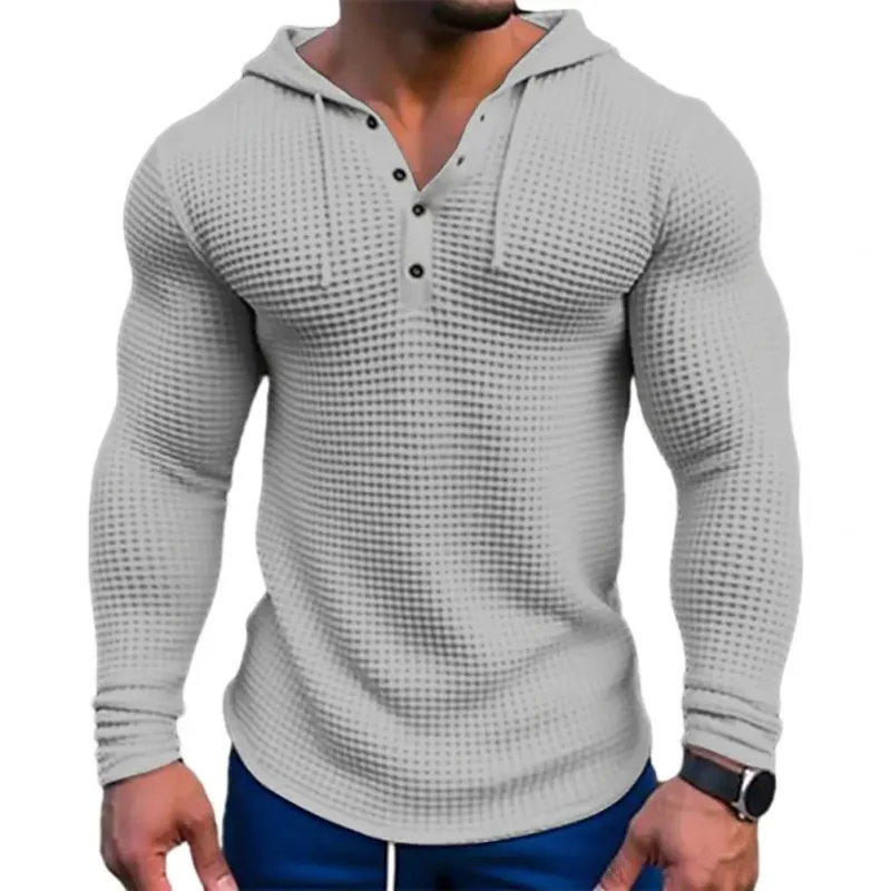 Spring Solid Color Slim Fit Long Sleeved T-shirt Men's Hooded Breathable Sports Top Waffle Cotton Casual Long Sleeved Shirt