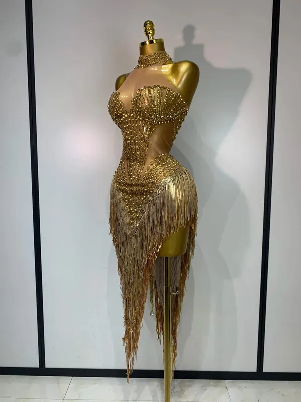 Sexet scenekostume Glitrende Rhinestone Mesh Gennemsigtige pailletter kvast Aften Fødselsdagsfest Natklub Dans Sanger Outfit — image 2