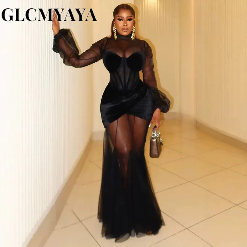 Mesh See Through Women Full Sleeve Velvet Bodycon Long Dress 2025 Fall Birthday Party Evening Prom Maxi Mermaid Dresses — image 4