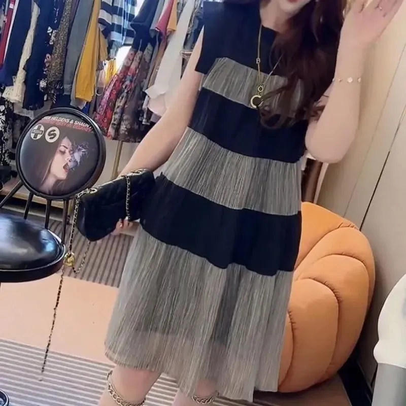 Casual Loose Patchwork Striped Dresses Female Clothing A-Line Contrasting Colors Summer Sleeveless Korean Round Neck Midi Dress — image 2