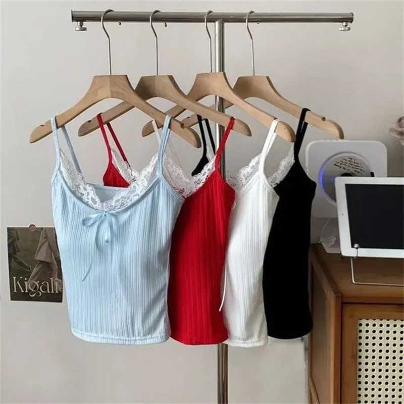 Sexy Patchwork Lace Trim Camis Top Sweet Casual Slim Solid V-Neck Sleeveless Cute Tank Tops Women 2025 Summer Streetwear Lady — image 4