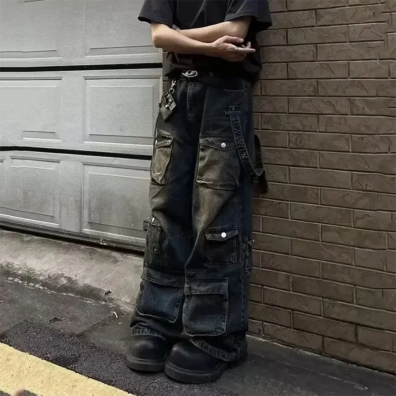 Autumn Y2K High Street Jeans Mens Multi-Pocket Hiphop Cargo Pants Vintage Straight Wide-Leg Denim Trousers Fashion Streetwear — image 8