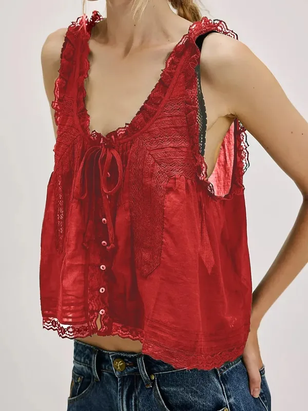 Y2K Button-up Lace Trim Patchwork Cami Tops Loose Fit Round Neck Vest Sleeveless Outwear Gilet Crop Tank Tops for Women — image 15