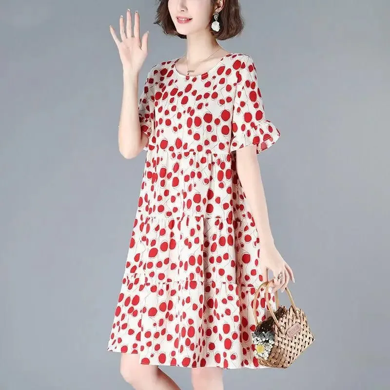 Female Clothing Casual Dot Printed A-Line Dresses Summer Butterfly Sleeve Korean Round Neck All-match Loose Spliced Midi Dress — image 4