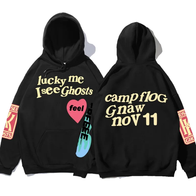 Graffiti Letter Printed Loose Hooded Kanye Sweatshirts Men Oversized Fleece Luck Me I See Ghosts Hoodie Unisex Pullover Hoody — image 1