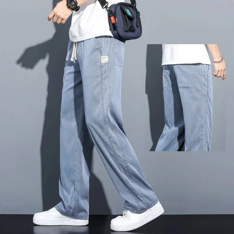 Summer Soft Lyocell Fabric Men's Jeans Thin Loose Straight Pants Drawstring Elastic Waist Korea Casual Trousers Plus Size M-5XL — image 11