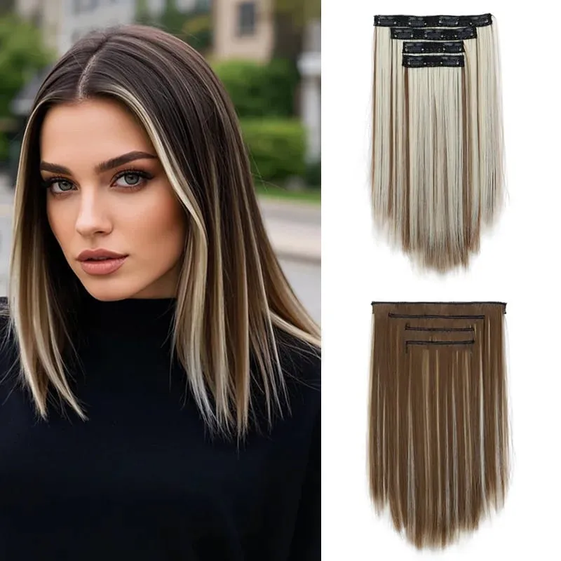 4pcs 14Inch Synthetic Clip-in Hair Extension Short Straight Soft Invisible Brown Blonde Hairpiece for Women — image 8