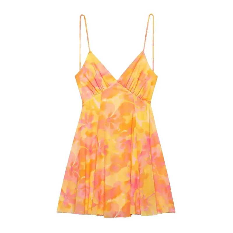 ETJ 2025 Summer New collection Women's vacation Style printed silk mesh sexy V-neck halter short Dress Hot Girl Dress