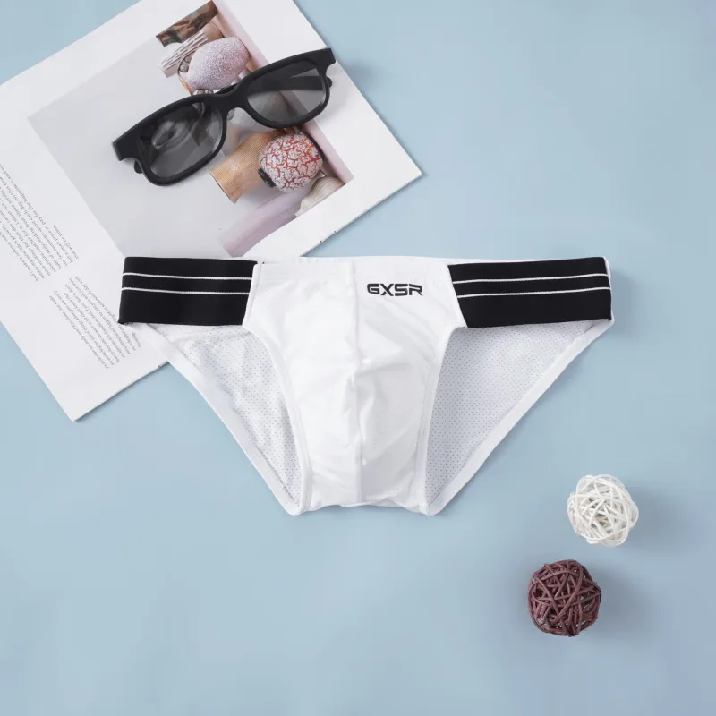 Solid color splicing side waist high fork men's briefs threaded ice silk fashionable low waist men's underwear — image 12