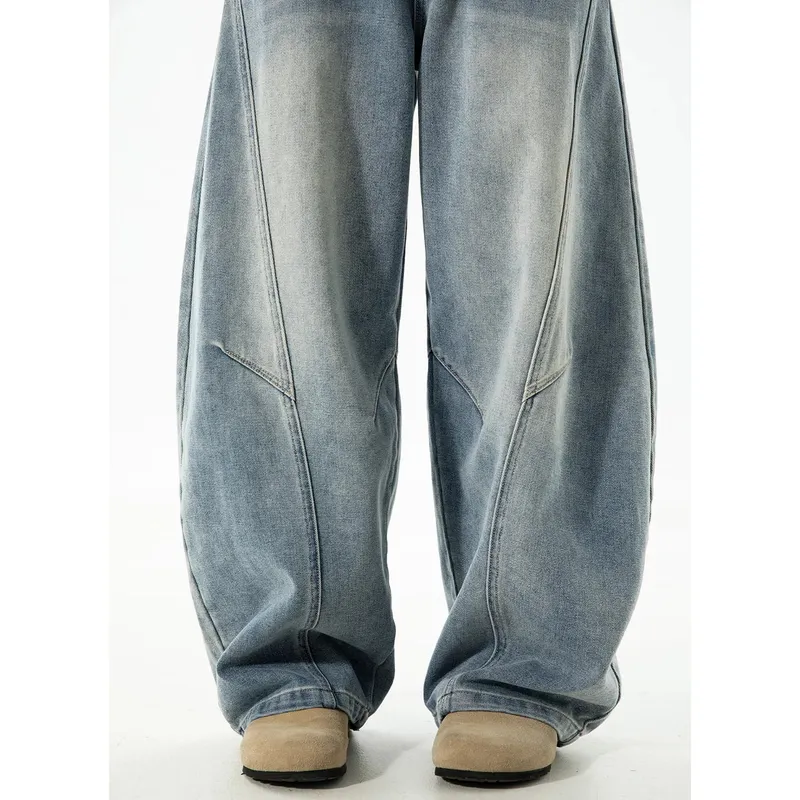 Autumn Retro Structured Split Washed Distressed Curved Jeans with Men's Silhouette Loose Straight Leg Pants Trendy Street Style — image 6