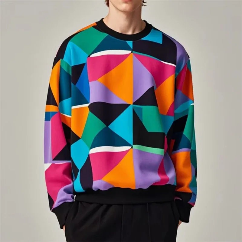 Fall Fashion Pullover Sweatshirt For Men 3d Colorful Geometry Graphic Print Round Neck Neck Hoodies Pullover Casual Male Clothes — image 3