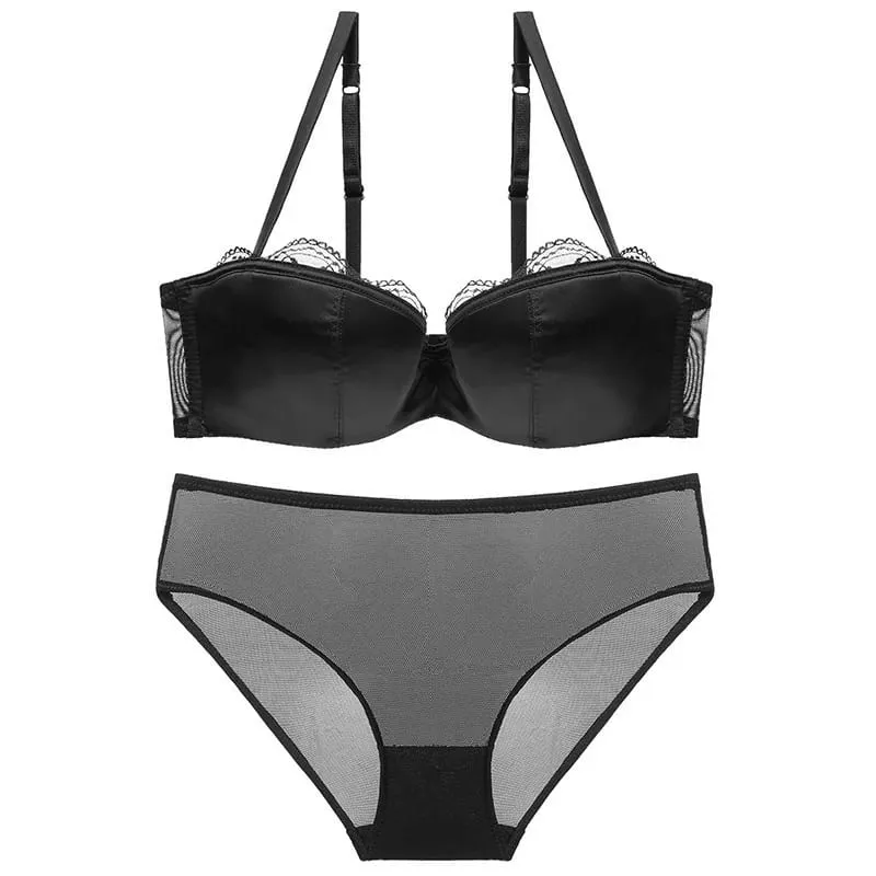 French Lace 1/2 Thin Cup Sexy Bra Set Women Seamless Underwear Push Up Brassiere Breathable Mesh Panties Sets Plus Size Lingerie