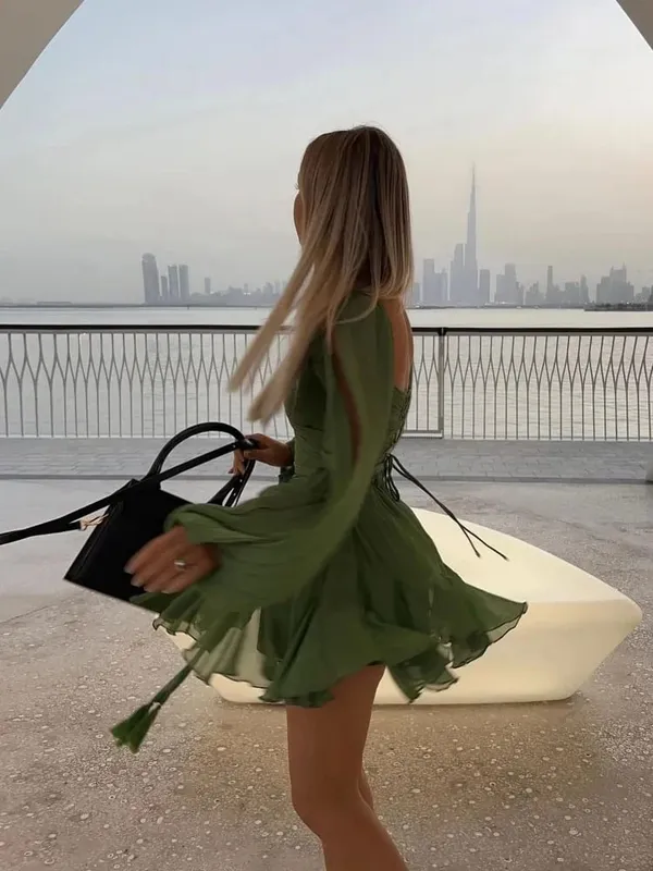 Irregular Mesh Split Long Sleeve Dress Sexy Green Lace Up Pleated Hem High Waist Vestido Summer Lady Vacation Beach Gowns 2025 — image 3