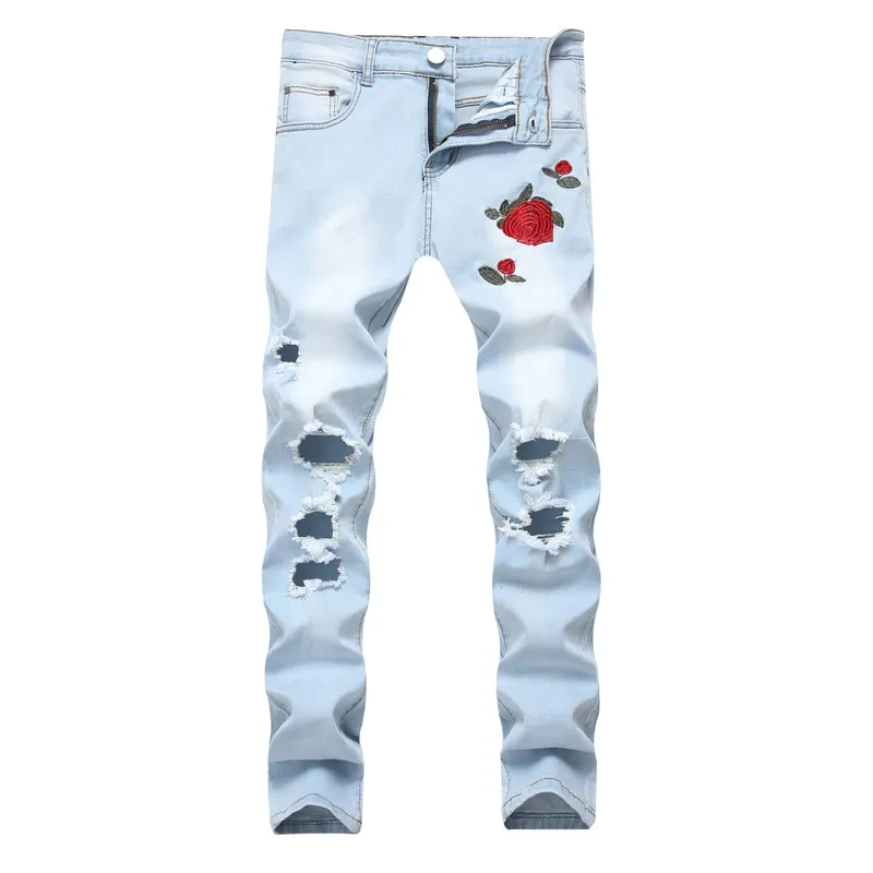 European and American Men's Casual Jeans with Embroidered Roses Fashionable Ripped Slim-fit Stretch Ankle-length Trousers — image 2