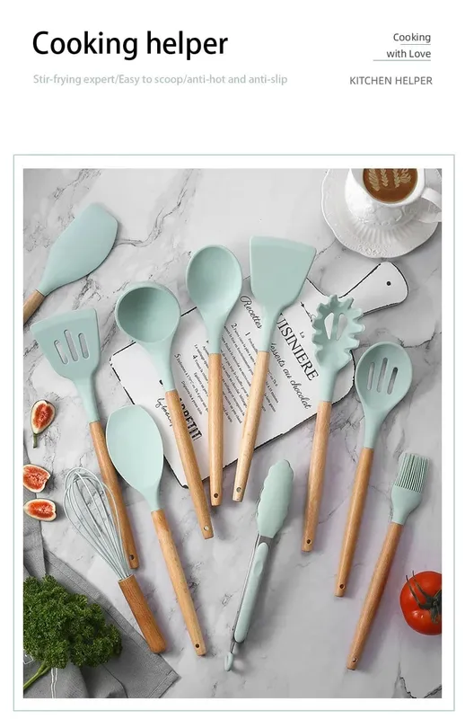 12pcs Set of Multi-color Silicone Wooden Handle Kitchenware Set Non Stick Pot Spatula and Spoon Cooking Utensils Heat-resistant — image 7