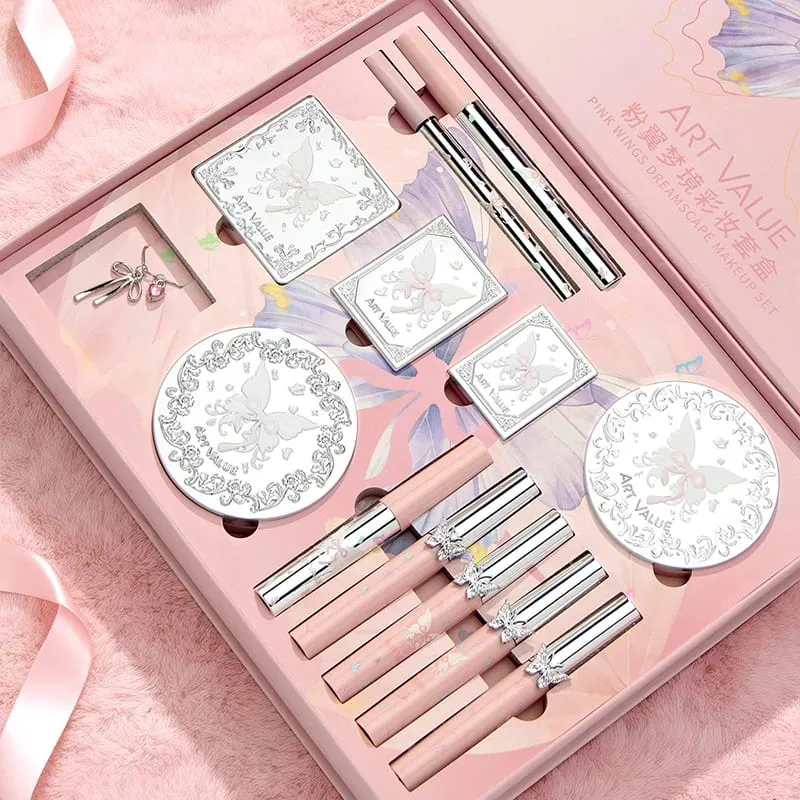 Luxury Makeup Set Pink Butterfly Cosmetic Kit Eyeshadow Palette Lip Tint Blush Mascara Eyeliner Highlighter Beauty Makeup Gift