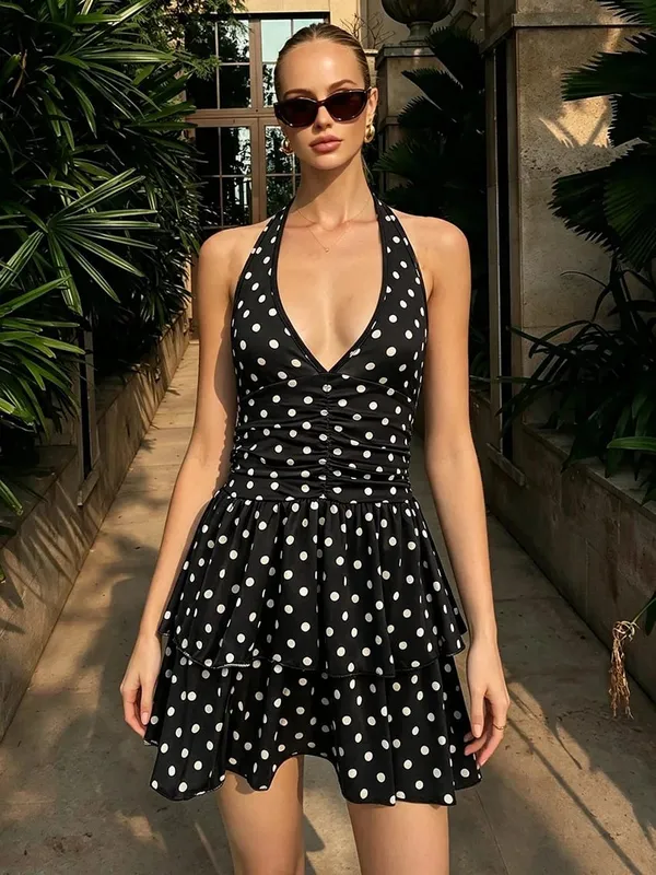 Vintage Polka Dot sukienka wiązana na szyi dla kobiet głęboki dekolt w kształcie litery V, bez pleców, marszczona talia, wielowarstwowa sukienka z falbaną, impreza retro na co dzień, krótkie sukienki — image 1