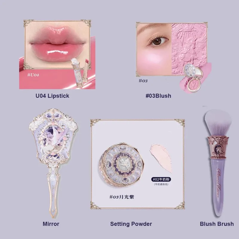 Flower Knows Knight Unicorn Makeup 5pcs Gift Set Lipstick Blush Cloud Setting Powder Lipliner Eyeshadow Cosmetics Kit Maquillage