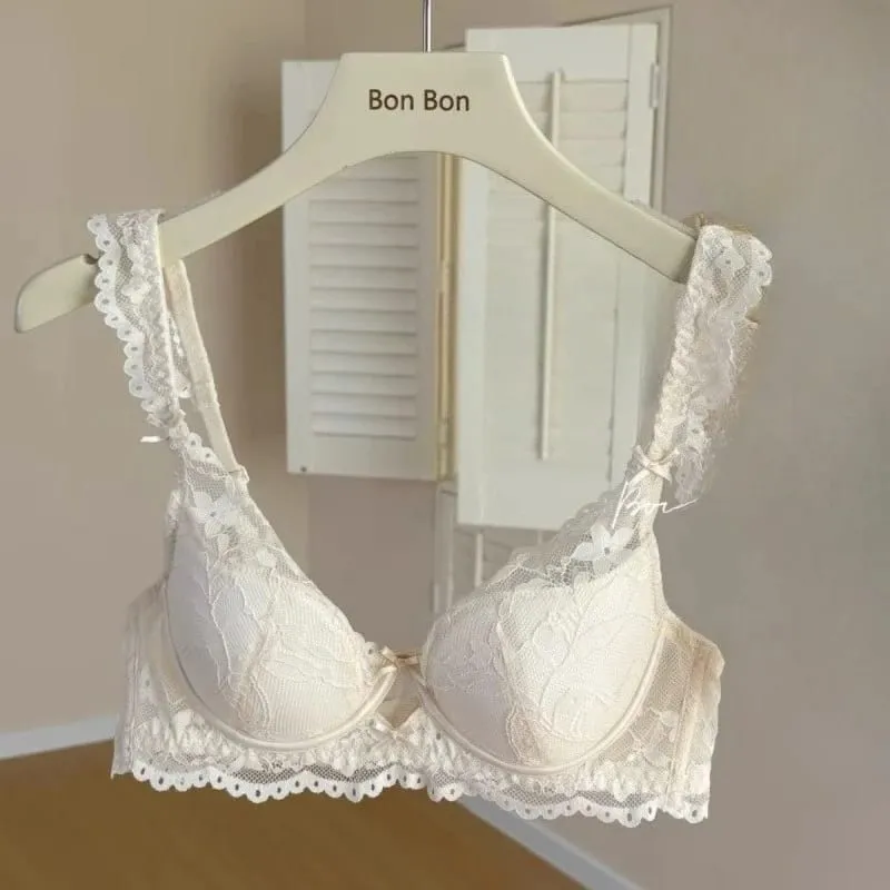 White Lace Bra & Panty Set Padded Bralette for Small Chest Summer Slimming Underwear Low Back Lingerie for Women Sexy Set