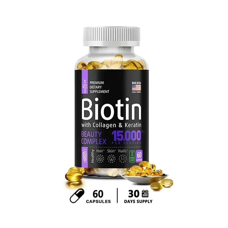 Biotin Supplement - 15 000 Mcg with Collagen and Keratin Vitamins Shiny Hair Skin and Nails Joint Health 30/60/120 Capsules — image 10