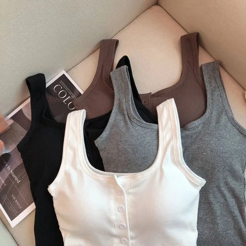 Women's Solid Color Spaghetti Straps Sleeveless Slim Camisole with Chest Pad Summer Wear Outside Female Short Tops Vests — image 5