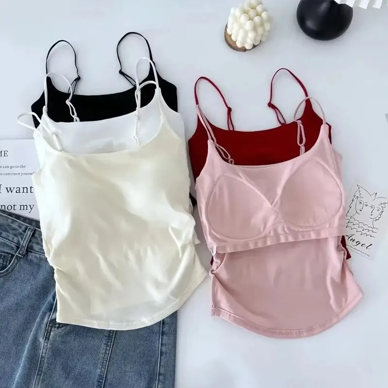 Women's Solid Color Spaghetti Straps Sleeveless Slim Camisole With Chest Pad Fashion Women Summer Top Wearing Inside And Outside