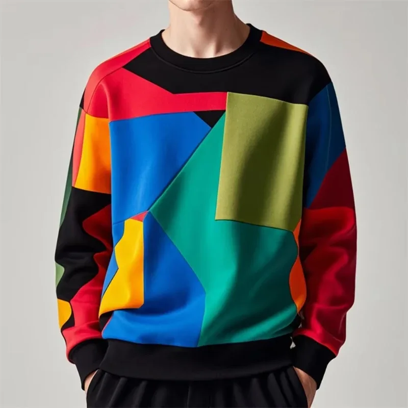 Fall Fashion Pullover Sweatshirt For Men 3d Colorful Geometry Graphic Print Round Neck Neck Hoodies Pullover Casual Male Clothes