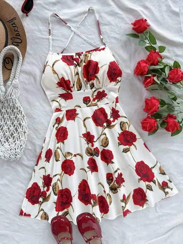 Hanging neck cross thin suspender short dress with waist cinching and big swing creating an atmosphere for women's short skirt — image 5