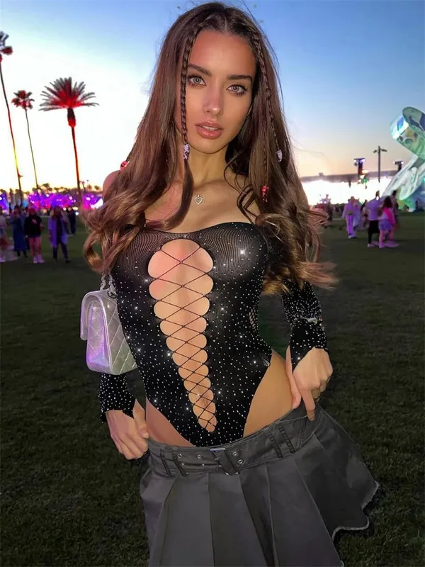 See Through Sparkly Mesh Bodysuit Women Long Sleeve Rhinestone Body Tops Hot Drill Female Party Nightclub Sexy Lingerie — image 7