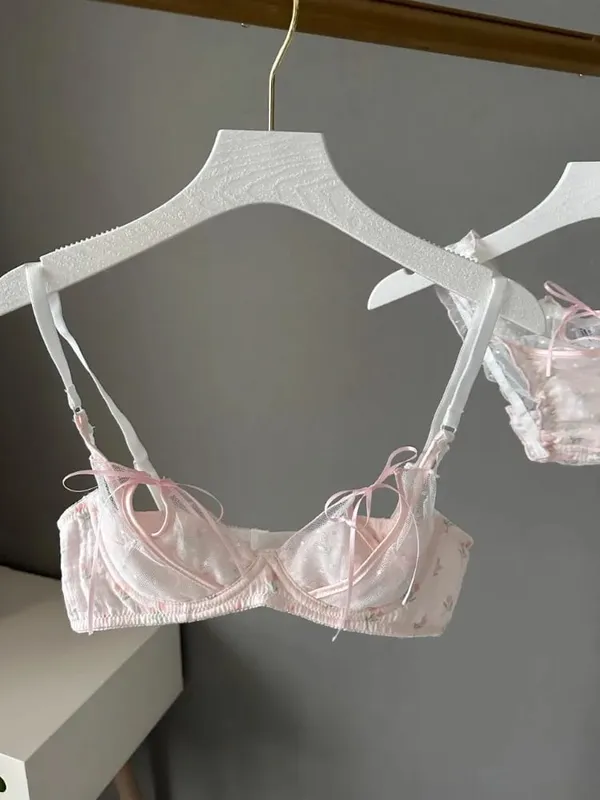 Kawaii Lace Bralette Set Japanese Floral Mesh Underwear Summer Ultra-Thin Lace-Up Cutout Romantic Bra 2024 New Kawaii set — image 5