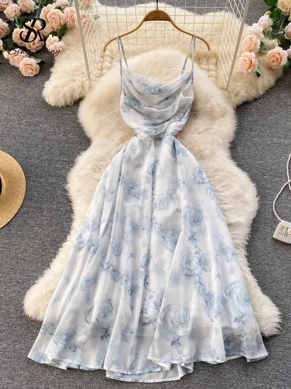 Frauen Floral Spaghetti Strap Kleid Elastische Geraffte Sexy Hohl Backless Party Kleid Sommer Boho Urlaub Strand Sommerkleid