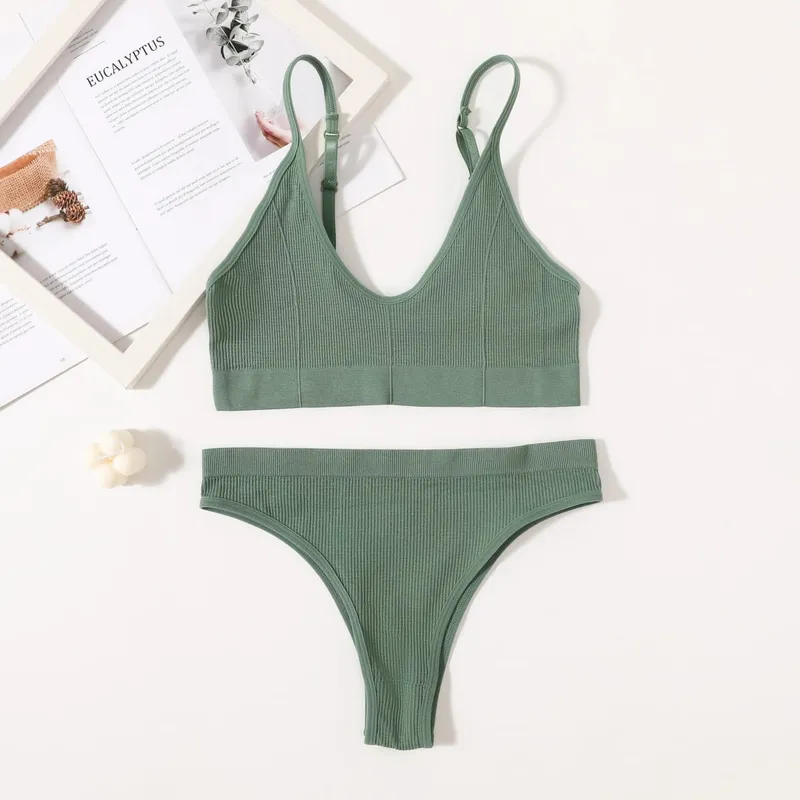 Women Seamless Bra Set Push Up Bras V-neck Tops High Rise Briefs Seamless Underwear Wire Free Brassiere Sexy Lingerie Set