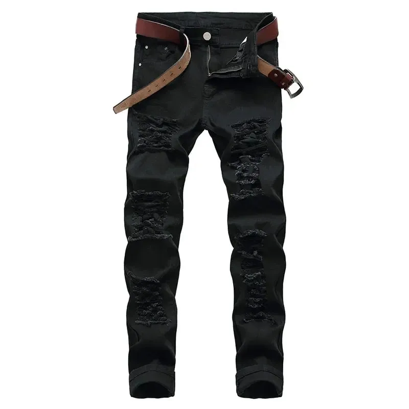 2025 Hole Denim Pants Men's Tide Brand Ruined Hole Jeans Solid Slim All-match High Street Hip Hop Trousers Red White Large Size — image 2