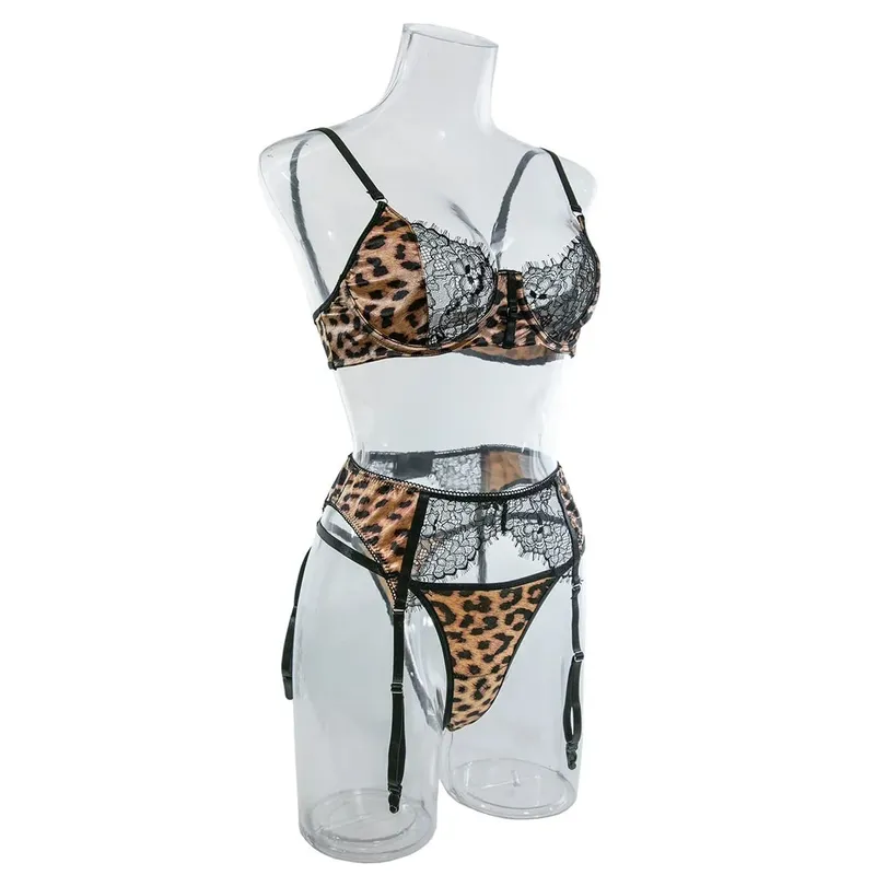 Sexy Wild Leopard Printed Lace Patchwork Lingerie Set Women Comfortable Three Piece Bra and Panty Set Female Exotic Apparel Suit — image 3