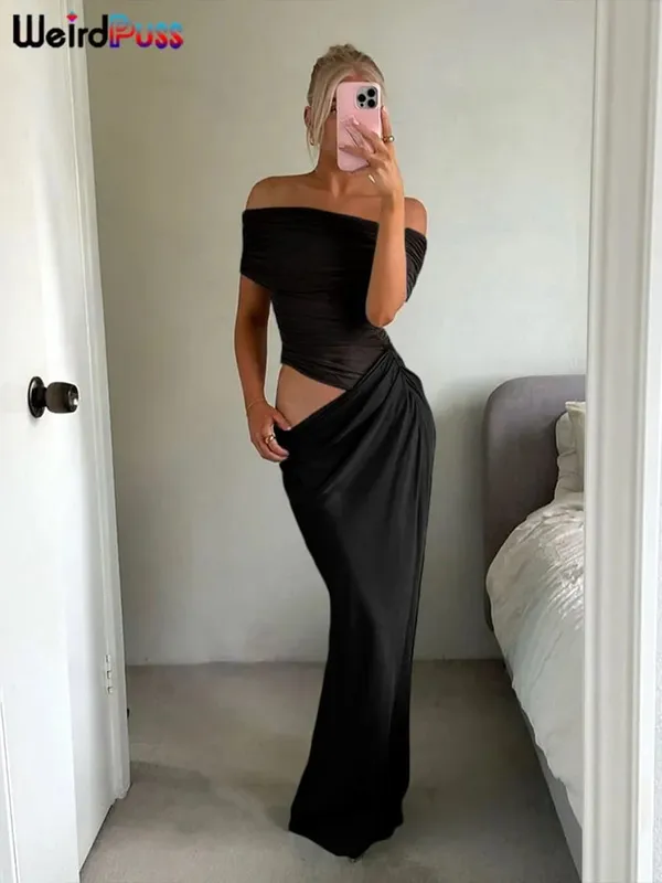 Weird Puss Ruched Irregular Dress Women Mesh Patchwork Slash Neck Short Sleeve Skinny Stretch Trend Elegant Long Bodycon Outfits