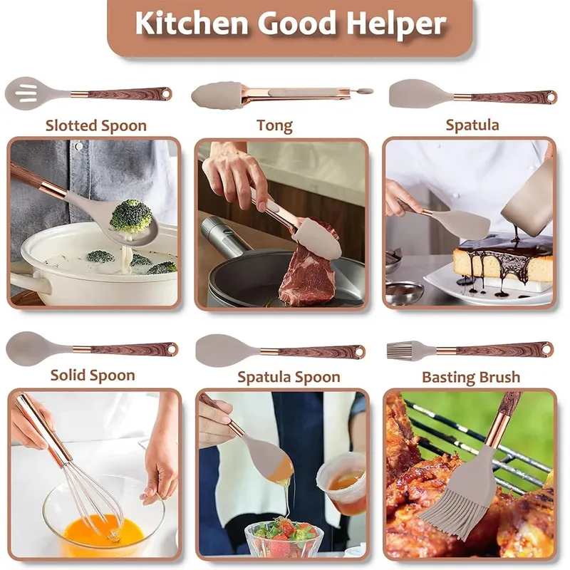 Silicone Kitchen Utensil Set 10 Pcs Cooking Utensil with Utensils Holder Wooden Pattern Handles Nonstick Cookware JT264