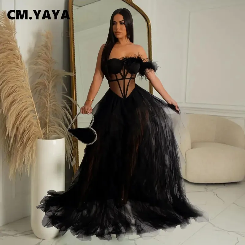CM.YAYA Women Tierred Mesh See Though Off Shoulder Sweetheart Collar Maxi Long Floor Length Dress Evening Sexy Party Dresses — image 4