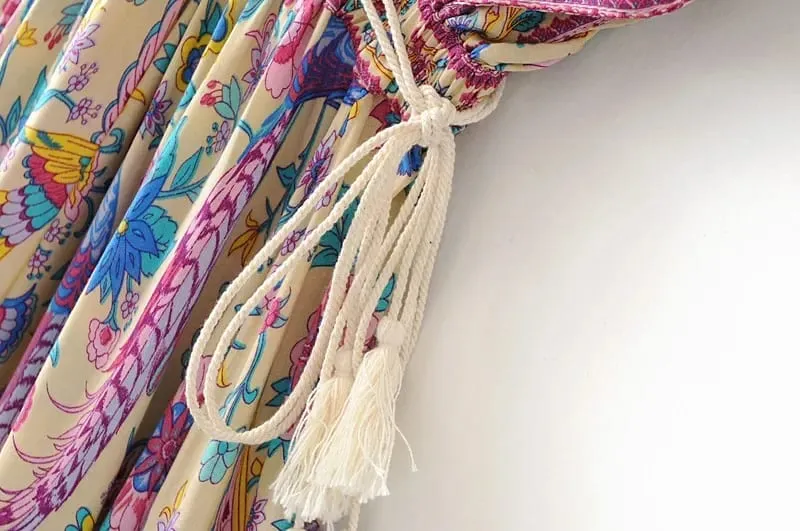 Boho Queens Women Peacock Květinový potisk Netopýří rukáv Plážové Bohémské Maxi šaty Dámské Letní šaty s výstřihem do V Letní šaty Vestidos — image 4