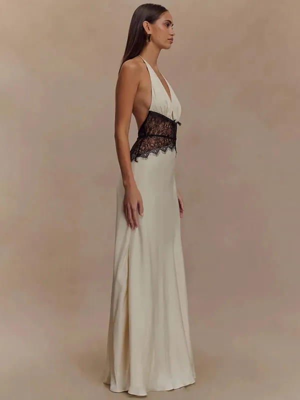 Mozision Summer Backless Sexy Maxi Dress Women Gown Patchwork Lace Halter Deep V Neck Sleeveless High Waist Elegant Long Dress — image 2