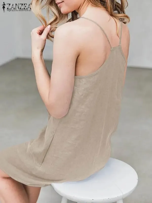 2023 ZANZEA Women Summer Backless Straps Dress Solid Sleeveless V-Neck Sundress Female Casual Robe Party Beach Vestidos Oversize — image 4