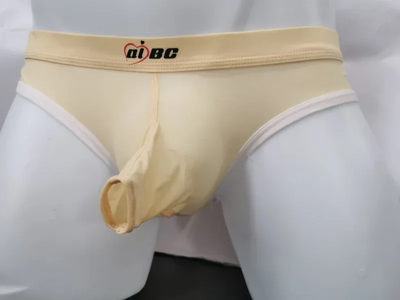 Men's Erotic Briefs Elephant Nose Open Sheath Bikini Gay Sexy Thin Ice Silk Penis Bulge Separate Elastic Quick Dry Sports Tangas
