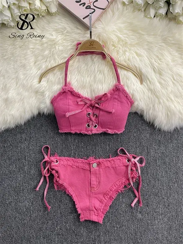 Retro Women Bikini Denim Suits Summer Halter Camis+ Mini Pant Lingerie Fashion Vacation Swimsuits Sexy Bra&Briefs Sets — image 5