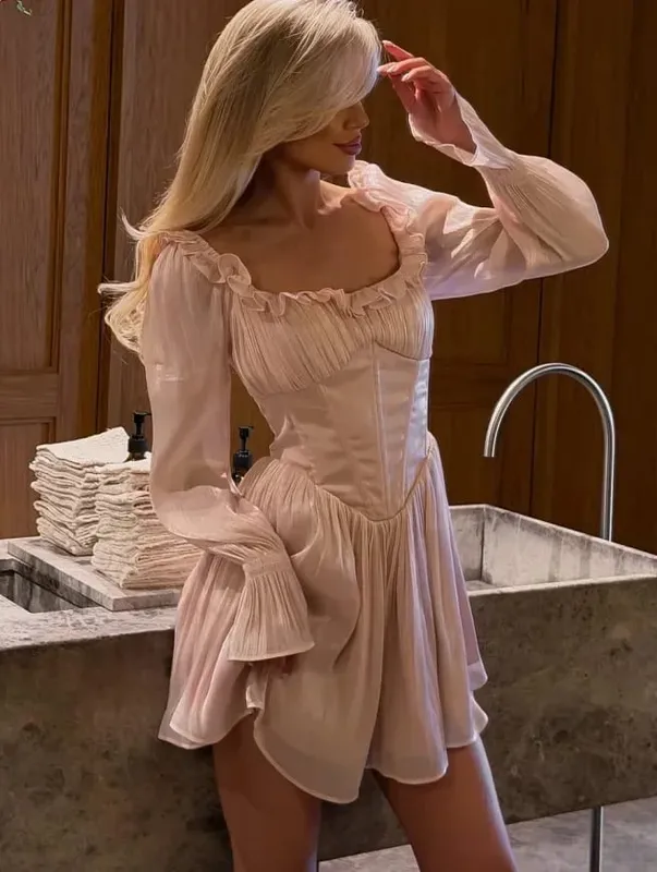 Eleganten Quadratischen Kragen Rüschen Trim Kleid Frauen Chic Feste Volle Hülsen Taille Cinching Kurze Kleider Dame Sexy Straße Roben Neue
