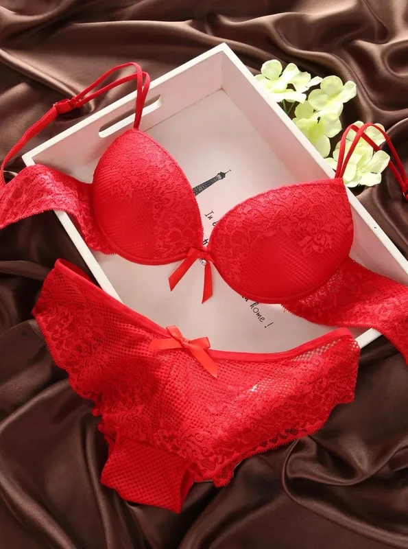 Ny sexig BH Hollow Out Trosor Enfärgade Underkläder Set BC Cup Spets Topp Push Up Dam Ryggstängning Plus Size Underkläder Set