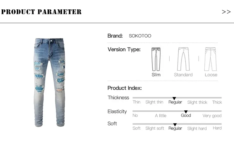 Men Crystal Patch Denim Jeans Streetwear Blue Patchwork Stretch Pants Ripped Distressed Skinny Tapered Trousers