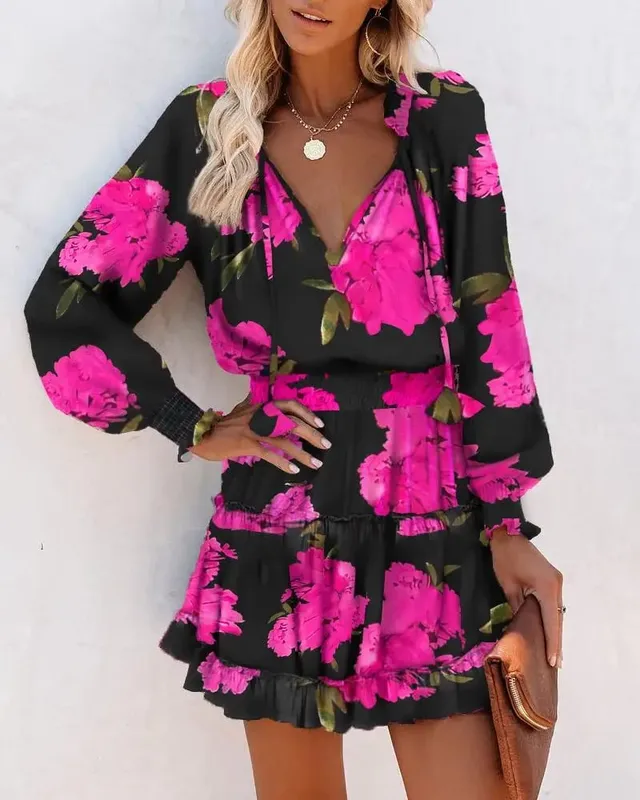 Color Printed Mini Dresses Women Spring Summer Long Sleeve V-neck Elastic Waist Ruffles Dress Fashion Trendy Ladies Vestidos — image 5
