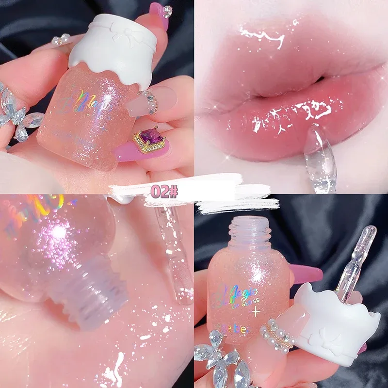Gege Bear Butterfly Knot Lip Gloss Moisturizing Hydrating Mirror Shine Sparkling Non-Stick Cup Lipstick Beauty Makeup
