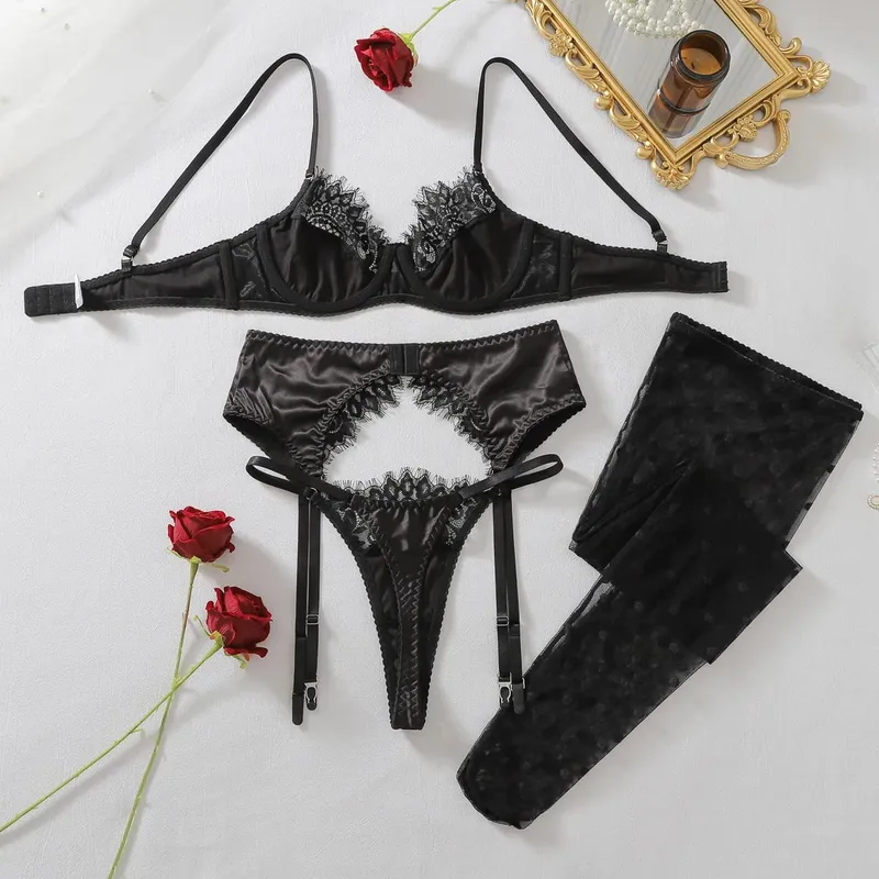 Ellolace French Women's Lingerie Sets Elegant Eyelash Lace Patchwork Bra Belt Thong Stockings Sensual Intimates Daily Underwear — image 6