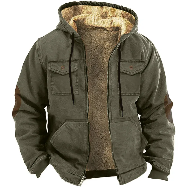 Men's Winter Fleece Hoodies Solid Patchwork Fashion Hooded Windbreaker Jacket Male Loose Work Wear Clothes Sweatshirt Outwear — image 14