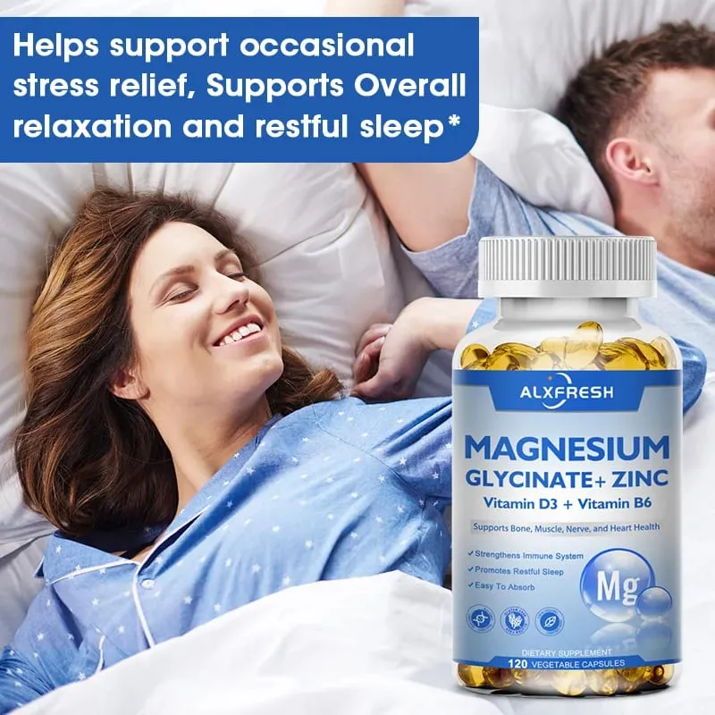 Magnesium Glycinate 500mg Capsules High Absorption with Zinc Vitamin D3 B6 Support Dietery Supplement Stress & Anxiety Relief
